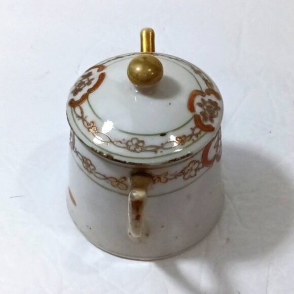 Antique Nippon Porcelain Hand Painted Condiment Pot w/ Lid Orange & Gold Decor - Picture 3 of 10